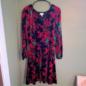 Women’s velvet dress, black with rose print, mommy and me matching set